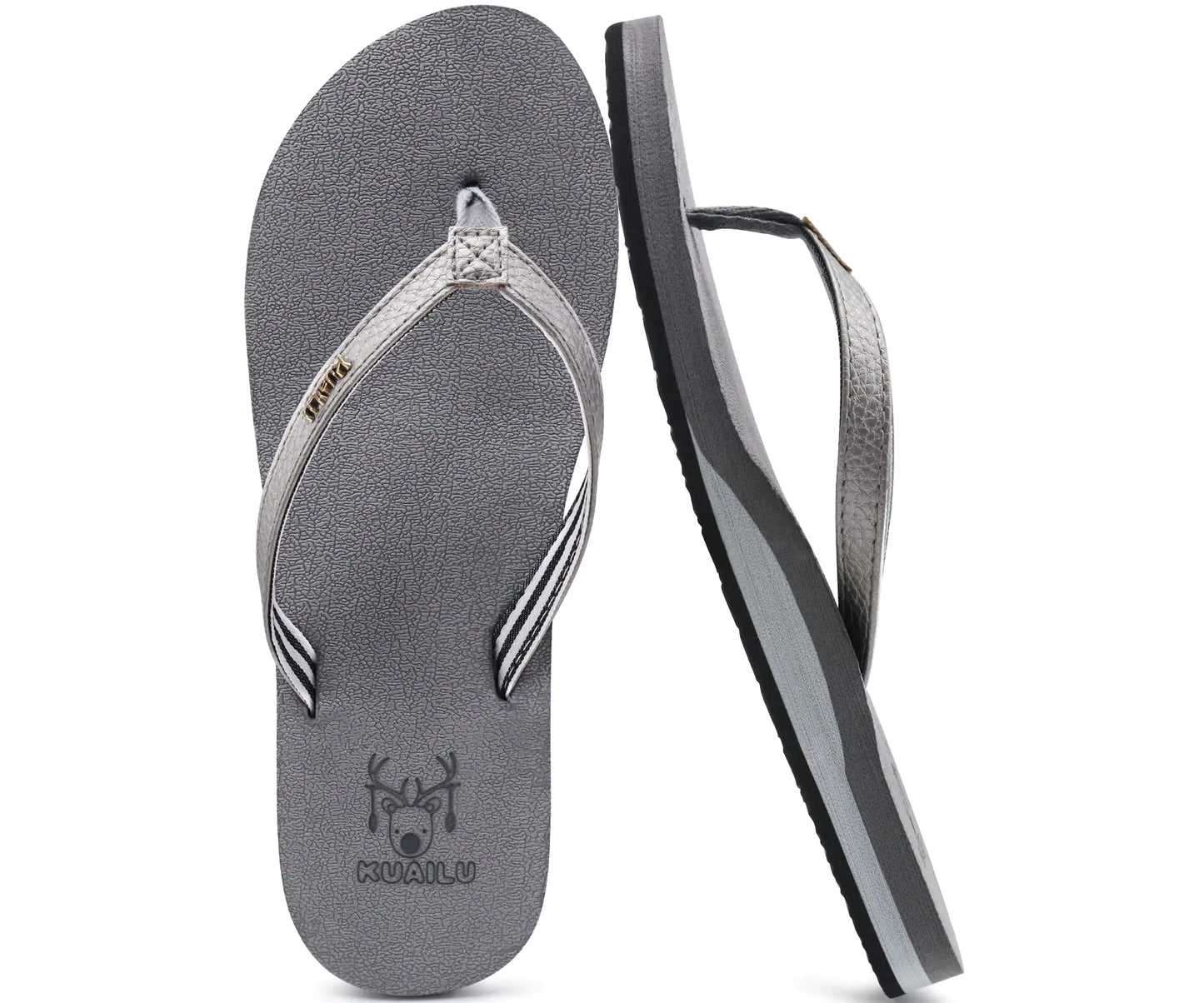 KuaiLu Womens Arch Support Flip Flops Comfortable Yoga Mat Cushion Slip on Walking Thong Sandals 9.5 Grey