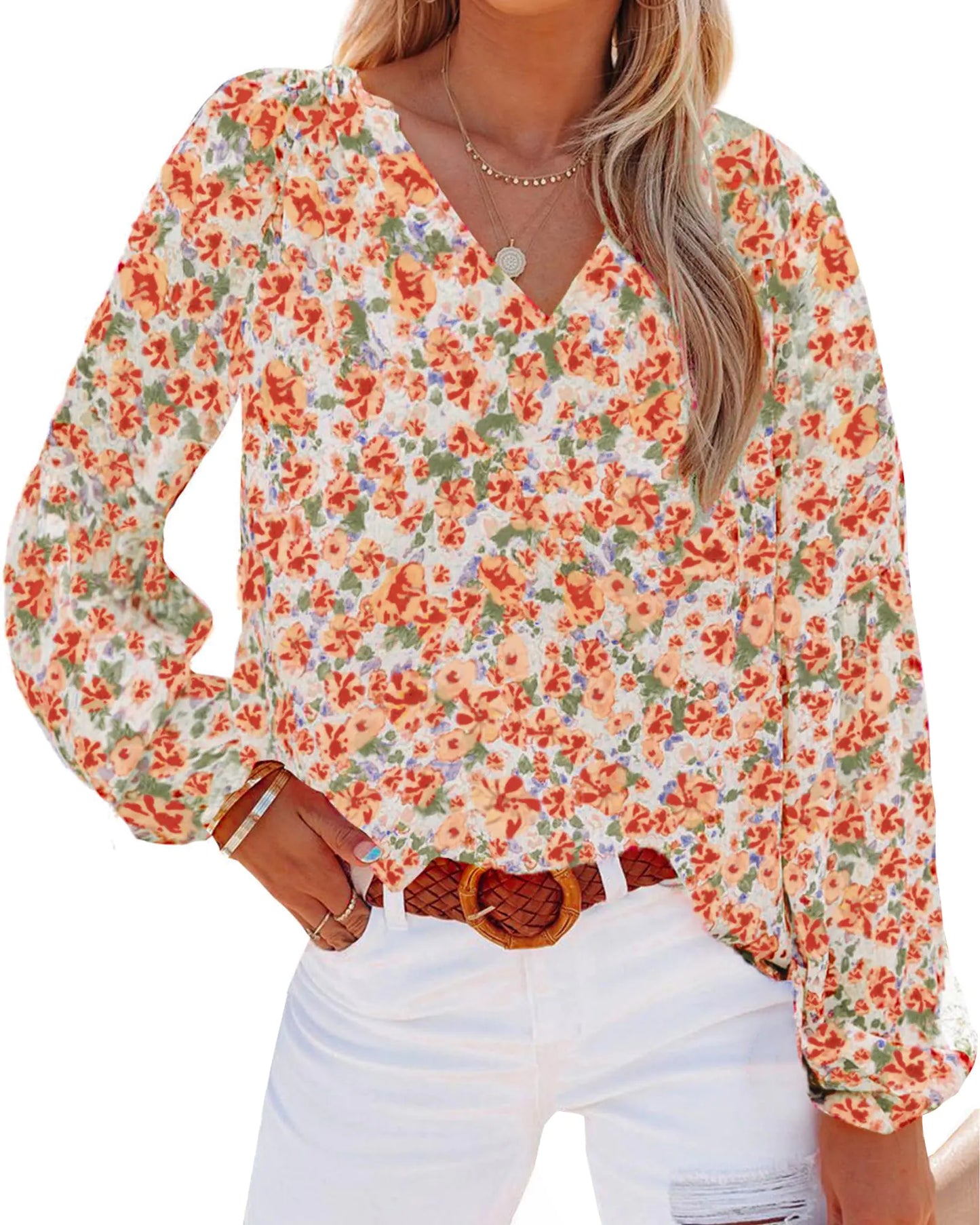 BTFBM Women Casual Boho Blouse Fashion Floral Shirts V Neck Long Puff Sleeve Lightweight Chiffon Summer Fall Tops 2024 Floral Orange Large