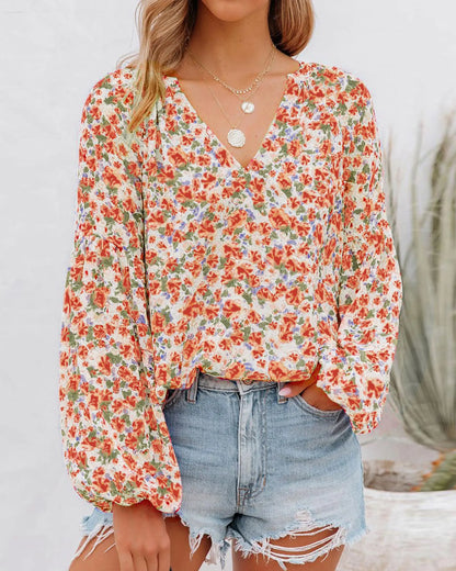 BTFBM Women Casual Boho Blouse Fashion Floral Shirts V Neck Long Puff Sleeve Lightweight Chiffon Summer Fall Tops 2024 Floral Orange Large