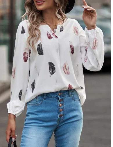 Women's Long Sleeve V-Neck Blouse – Feather Pattern, Breathable, for Autumn/Winter