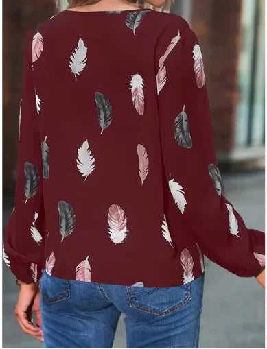 Women's Long Sleeve V-Neck Blouse – Feather Pattern, Breathable, for Autumn/Winter