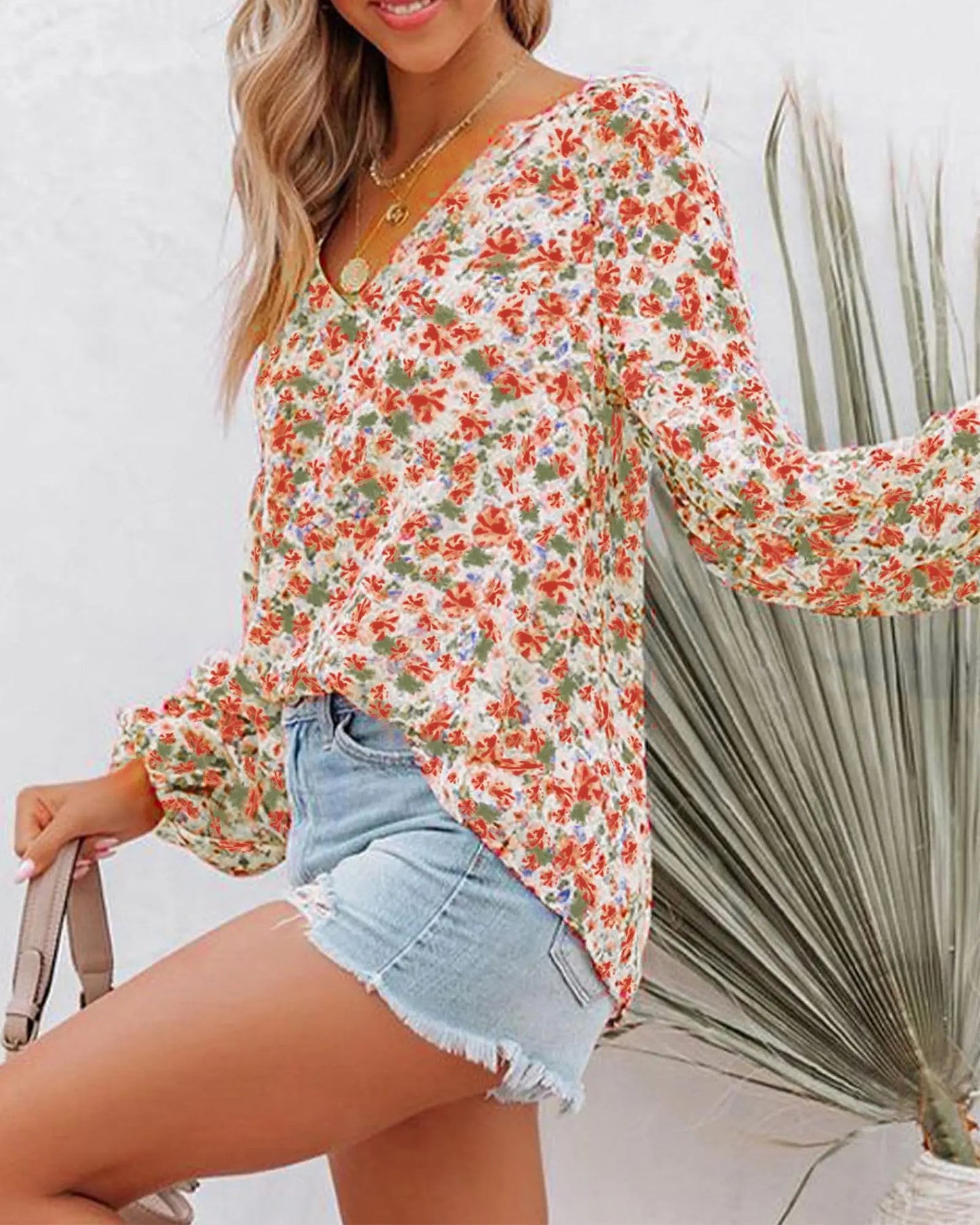 BTFBM Women Casual Boho Blouse Fashion Floral Shirts V Neck Long Puff Sleeve Lightweight Chiffon Summer Fall Tops 2024 Floral Orange Large