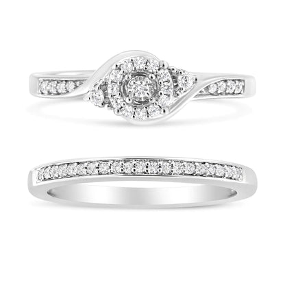 .925 Sterling Silver 1/4 Cttw Diamond Halo and Swirl Engagement Ring and Wedding Band Set (I-J Color, I3 Clarity)