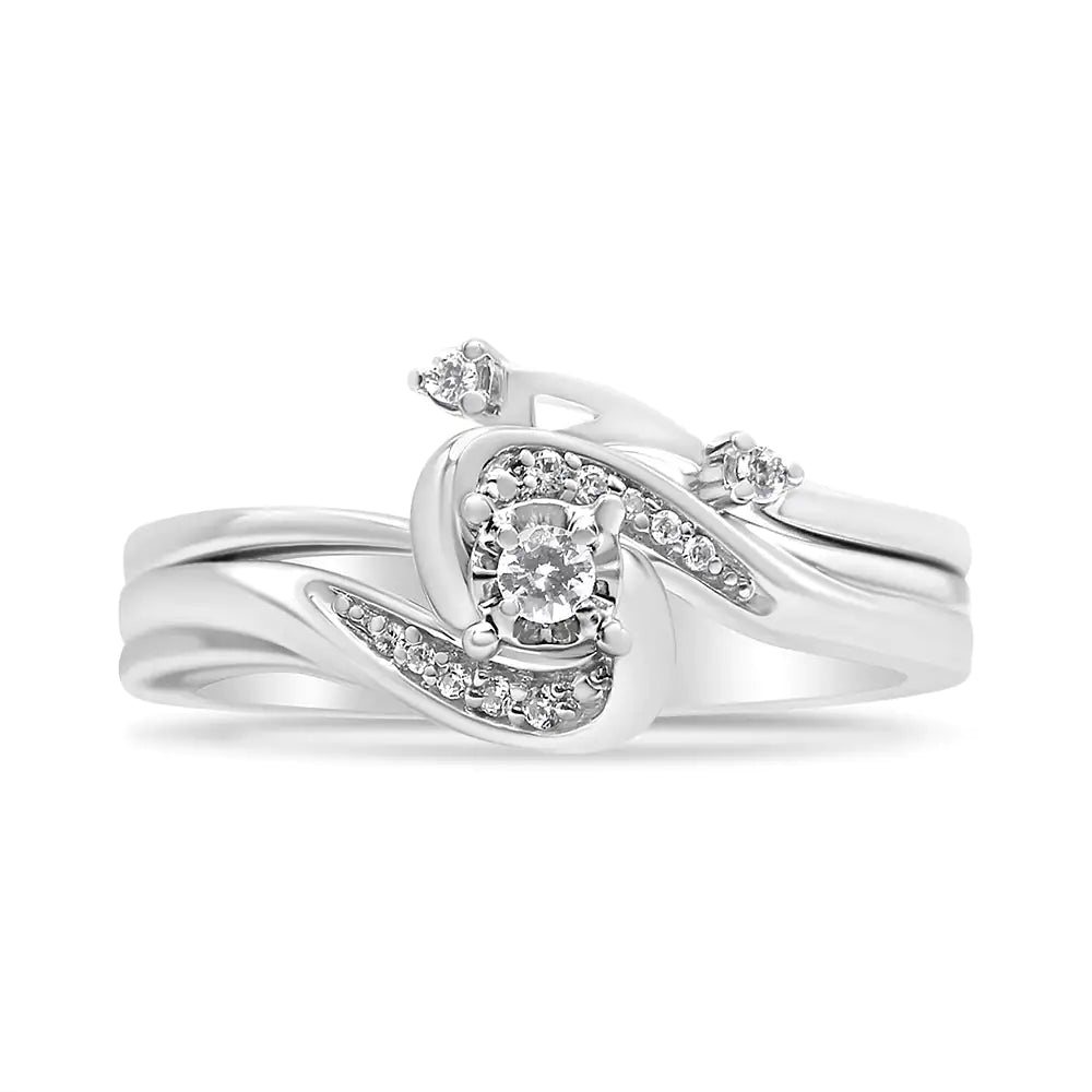 .925 Sterling Silver 1/10 Cttw Diamond Swirl and Bypass Bridal Set Ring and Band (I-J Color, I3 Clarity)