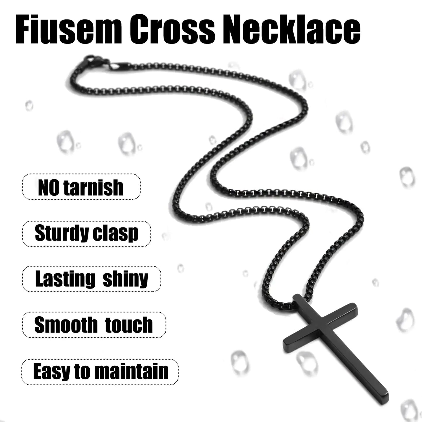 Fiusem Cross Necklace for Men, Silver/Gold/Black Mens Cross Necklaces with 2.5mm Cross Chain and Stainless Steel Cross Pendant, Box Chain 16-24 Inch 22.0 Inches Big black cross: 2.1" * 1.2"