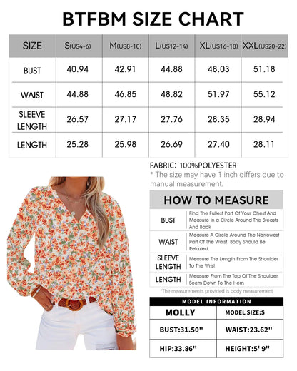 BTFBM Women Casual Boho Blouse Fashion Floral Shirts V Neck Long Puff Sleeve Lightweight Chiffon Summer Fall Tops 2024 Floral Orange Large